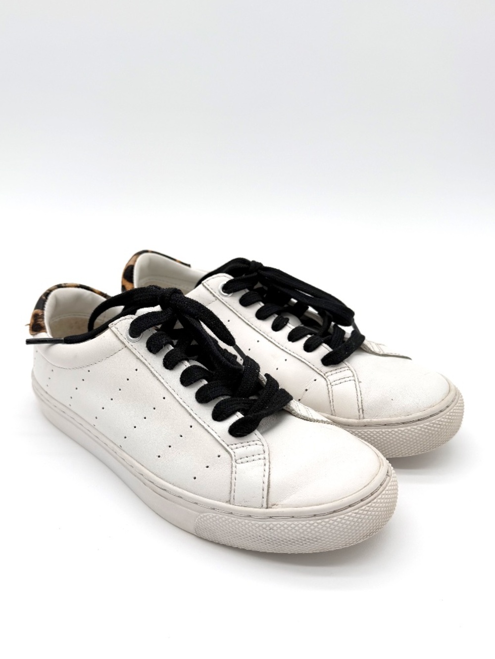 J Crew Saturday Sneakers 6 White Leather Calf Hair Leopard Print Lace Up Comfort